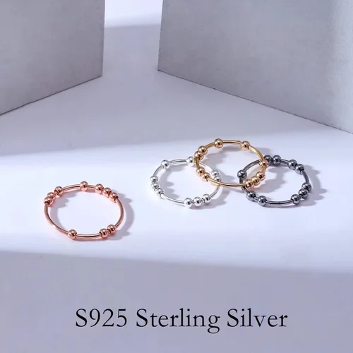 Miniatura 6 de Ursilver Anillo giratorio de plata de ley S925 para mujeres, anillo de ansiedad, anillo para aliviar el estrés con cuentas, anillo fidget, plata