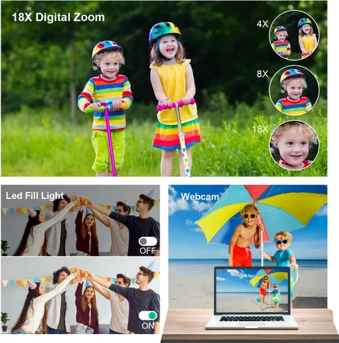 Miniatura 7 de Cámara digital para niños, adolescentes y principiantes - 1080P FHD 48MP, LCD de 2.83 pulgadas, zoom digital 18X y antivibración, tarjeta SD de 32