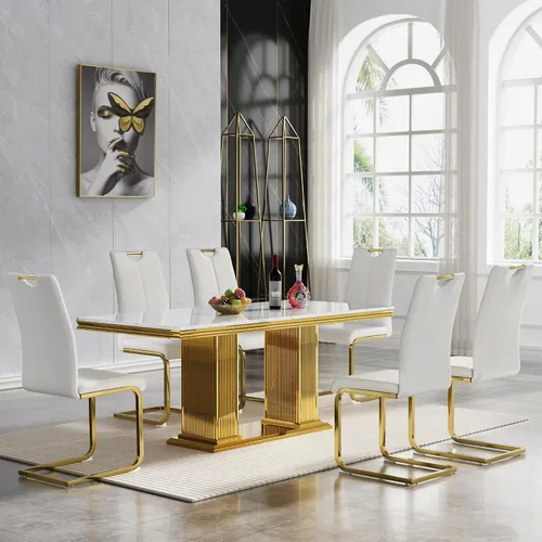Miniatura 46 de Juego de mesa de comedor de 5 piezas, moderno juego de mesa de comedor para 4, 70 pulgadas, juego de mesa de comedor de mármol sintético blanco