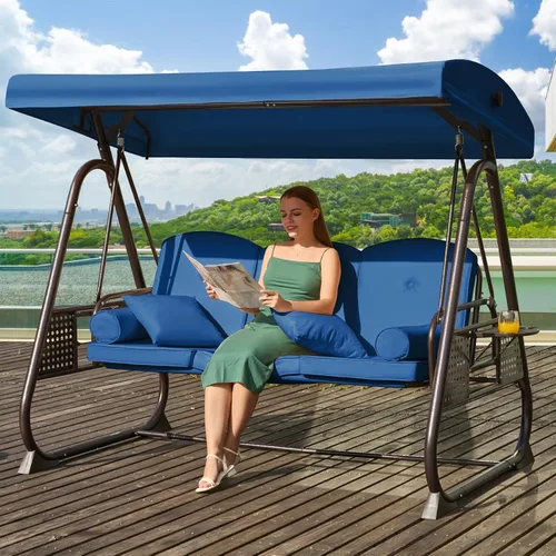 Miniatura 28 de Columpio de porche para exteriores 3 en 1 con toldo ajustable, columpio de 3 asientos para adultos, columpio de patio con cojines gruesos, almohadas