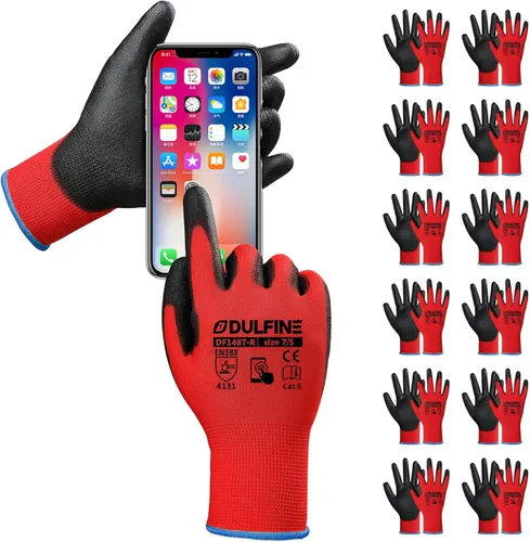Miniatura 11 de DULFINE Guantes de trabajo de seguridad con revestimiento de poliuretano para hombres y mujeres - 12 pares, guante de punto sin costuras negro