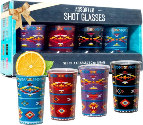 Juego de 4 vasos de chupito transparentes con base pesada del suroeste y aptos para lavavajillas para licores, whisky, tequila, vodka, fiesta y