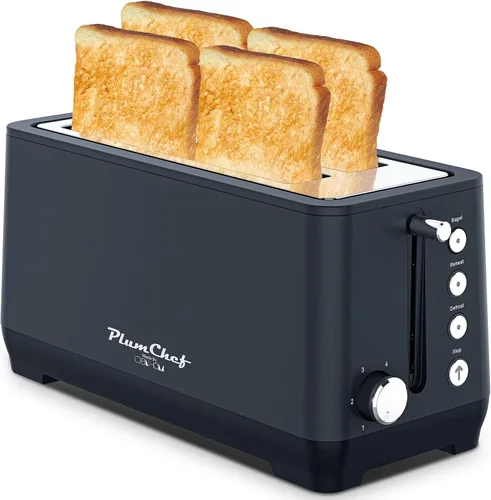 Miniatura 10 de Tostadora de ranura larga extra ancha de 4 rebanadas, bandeja extraíble para migas, 6 ajustes de tostado, funciones de bagel/descongelación, 1650 W