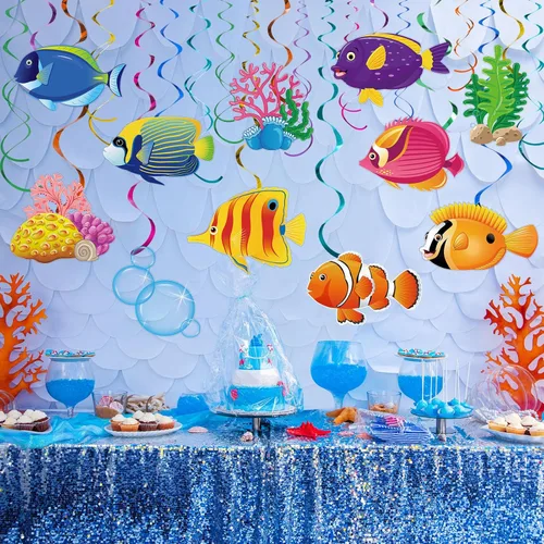 Miniatura 6 de Clabby 30 piezas de decoración de fiesta bajo el mar, remolinos colgantes de peces tropicales, decoración de techo, criaturas de sirena con temática