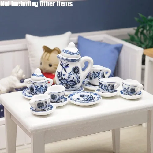 Miniatura 6 de Odoria Juego de té de porcelana en miniatura 1/12, 15 piezas, accesorios de decoración de casa de muñecas, loto azul