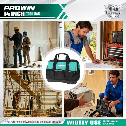Miniatura 7 de Prowin Bolsa de herramientas de 14 pulgadas, organizador de herramientas con múltiples bolsillos con parte inferior impermeable de plástico, bolsa