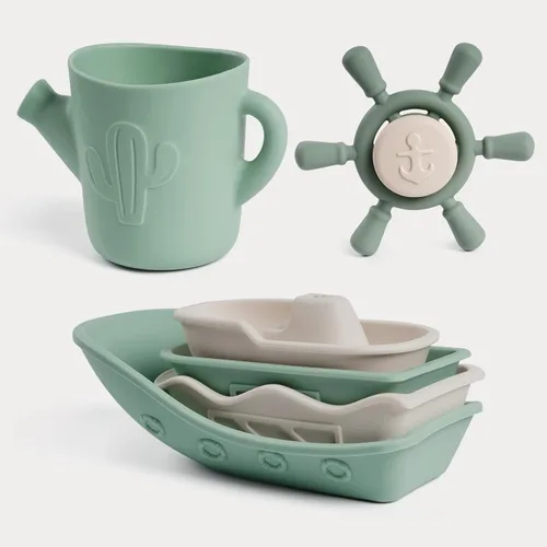 Haakaa Juego de Juguetes de Baño Náuticos de Silicona para Bebés, Juguetes de Bañera de Silicona de Grado Alimentario para Niños Pequeños, Barcos