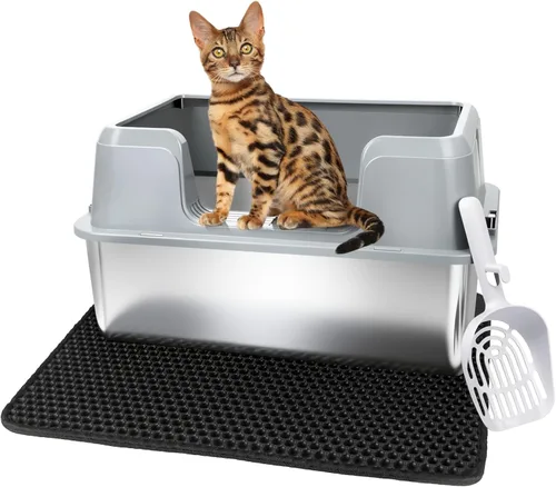 Vivifying Caja de arena para gatos de acero inoxidable, caja de arena grande semicerrada con tapa y alfombra, bandeja de metal antifugas para una