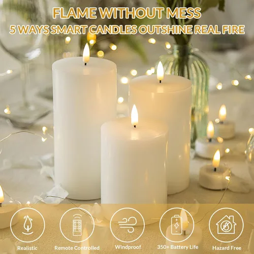 Miniatura 5 de Eywamage Velas de pilar sin llama de cera real blanca con control remoto, velas LED parpadeantes de batería, juego de 3 Blanco