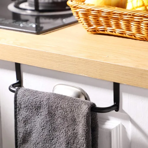 Miniatura 6 de 2 piezas barra toallero de metal para gabinete de cocina, barra toallero de acero para colgar en el interior o exterior de las puertas, hogar, Negro