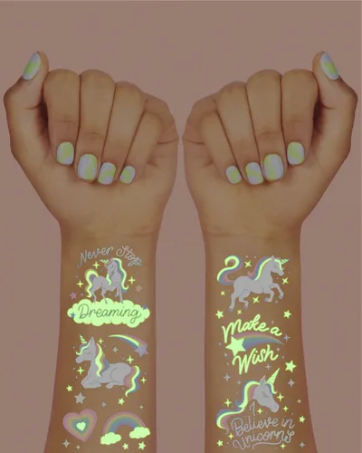 Miniatura 3 de xo, Fetti Recuerdos de fiesta de unicornio arcoíris – Tatuajes temporales – 46 estilos que brillan en la oscuridad Suministros para fiesta