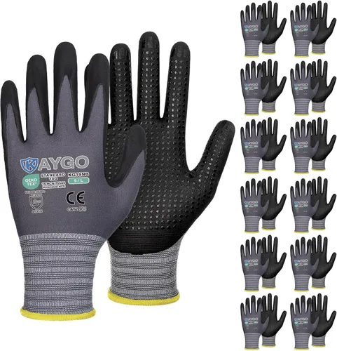 Miniatura 17 de KAYGO MicroFoam - Guantes de trabajo con revestimiento de nitrilo, 12 pares KG19N de nailon de punto sin costuras, micropuntos para un mejor agarre