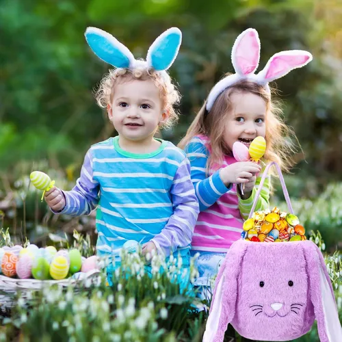 Miniatura 8 de Cesta de conejo de Pascua de felpa, cubos de Pascua con monograma con orejas largas de felpa, bolsas de regalo de Pascua para caza de huevos, bolsas