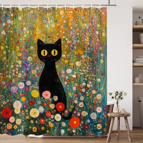Miniatura 3 de Cortina de ducha retro boho con diseño de gato negro, diseño de flores silvestres, plantas de jardín botánico de mediados de siglo, casa de campo