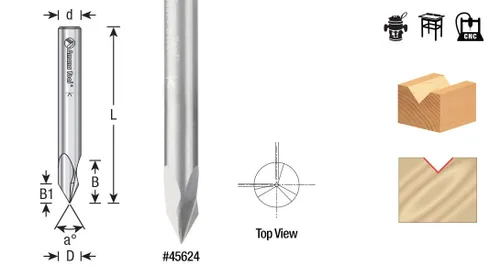 Amana Tool - 45625 Ranura en V de carburo macizo de 90 grados x 1/4 de diámetro x 9/16 x 1/4" vástago
