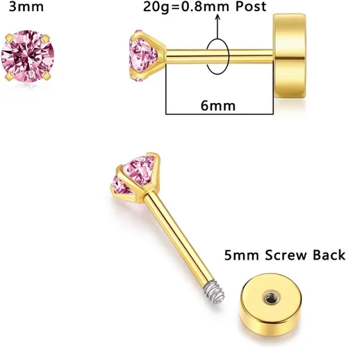 Miniatura 18 de Aretes de tuerca de circonita cúbica pequeña de 0.118 pulgadas, aretes de tuerca de oro de 14 quilates con circonita cúbica para cartílago, hélix