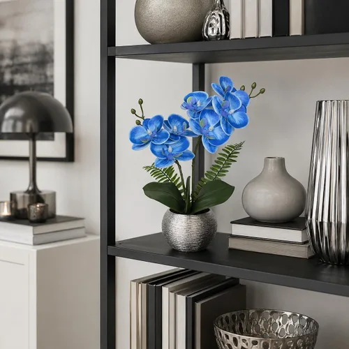 Miniatura 5 de Briful Pequeñas flores artificiales de orquídeas artificiales de 13 pulgadas en maceta de cerámica plateada, arreglo de orquídeas artificiales
