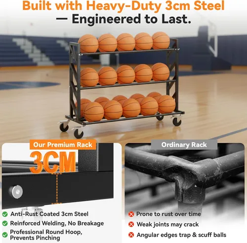 Miniatura 5 de Bastidores de baloncesto para pelotas, carrito de bolas resistente con ruedas, almacenamiento de baloncesto de 3 niveles y 20 bolas, carrito