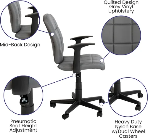 Miniatura 4 de Flash Furniture Clayton - Silla giratoria de respaldo medio con brazos, tapicería de vinilo gris, respaldo copetudo y giro de 360°