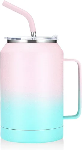 Miniatura 8 de zenbo - Vaso de acero inoxidable aislado al vacío con asa, tapa y popote, mantiene las bebidas frías hasta 36 horas, cuerpo a prueba de sudor, apto