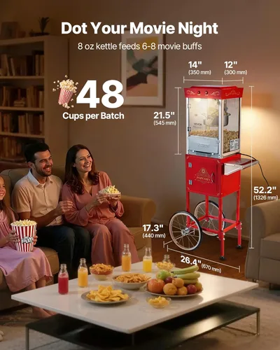 Miniatura 2 de VEVOR Máquina de palomitas de maíz con carro, hervidor de acero inoxidable de 8 onzas, máquina comercial de palomitas de maíz de 800 W, 48 tazas por