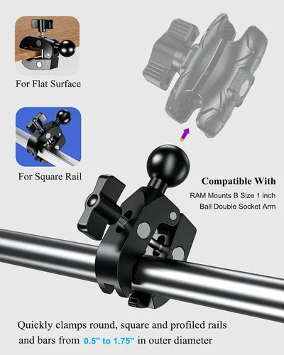 Miniatura 4 de BRCOVAN Base de montaje de abrazadera de bola de 1 pulgada con garra resistente de aleación de aluminio, se ajusta a riel de manillar de 0.5 a 1.75