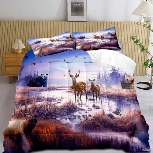 Miniatura 24 de LUVIVIHOME Juego de edredón de 3 piezas con diseño de osos negros y ciervos tamaño King, con estampado de alces, alces, patos Mallard, animales Oso