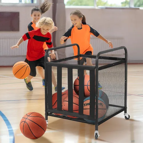 Miniatura 4 de STO STO Paquete de 2 carros de almacenamiento de pelotas deportivas con ruedas, jaula de baloncesto con cierre con correas elásticas, organizador
