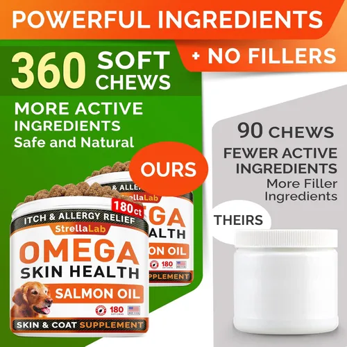 Miniatura 3 de StrellaLab Omega 3 para perros – (360 unidades) Golosinas de aceite de pescado – Alivio de alergias y picazón Suplemento de piel y pelaje – Piel