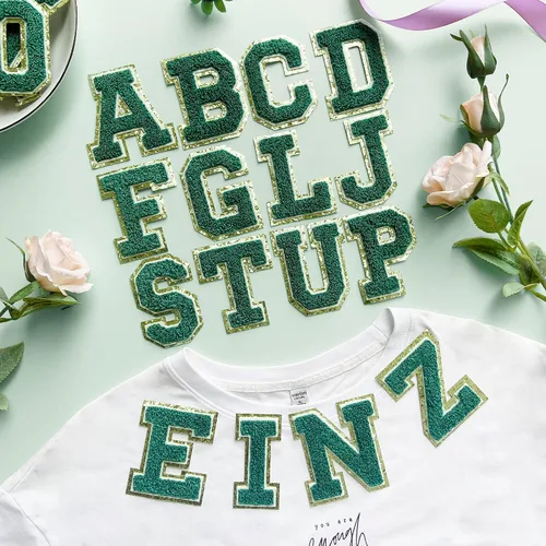 Miniatura 5 de Jongdari Letras termo-adhesivas para ropa, parche de letras de felpilla con brillantina del alfabeto, apliques para coser con adhesivo planchado, 8