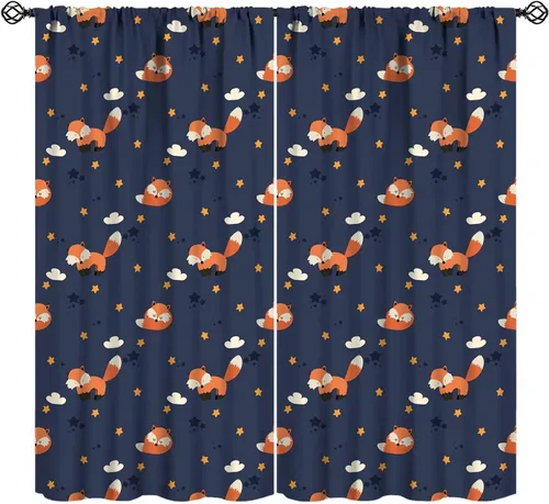 Miniatura 9 de Cortinas opacas de dibujos animados de animales de bosque naranja, zorro, flores, luna, hojas azules, arte abstracto, niños y niñas, decoración