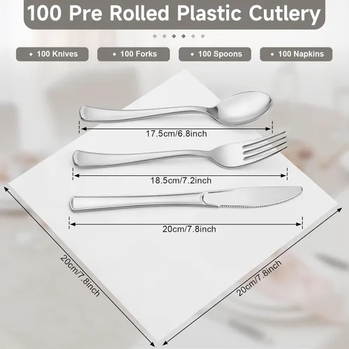 Miniatura 2 de Juego de cubiertos plateados preenrollados de 400 piezas, 100 cubiertos envueltos con servilletas, cucharas, tenedores, cuchillos, utensilios