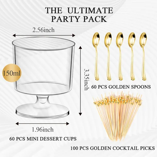 Miniatura 2 de DI QIU REN 120 Piezas Vasos de Postre de 5oz con Cuchara Dorada, Vaso de Plástico Transparente para Postre Parfait Aperitivo Pudín, Copas Redondas