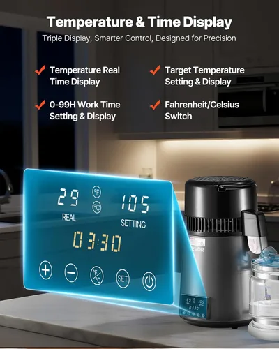 Miniatura 3 de VEVOR Destilador de Agua de 1750W, Fabricante de Agua Destilada de 0.4 Gal/H con Garrafa de Vidrio, Máquina Destiladora de Encimera de 4L/1.1 Gal