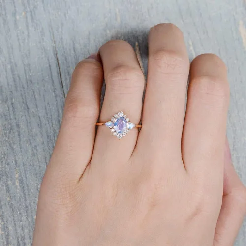 Miniatura 5 de Anillo de compromiso chapado en oro rosa de 18 quilates con piedra lunar y arcoíris, para mujer, anillo de compromiso con diamantes de imitación
