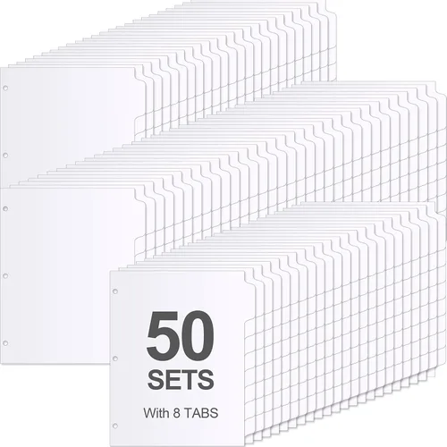 Geyoga 400 piezas, 50 juegos de 3 separadores de carpetas de anillos con pestañas de 11.5 x 9 pulgadas, 8 separadores de pestañas para carpetas de 3