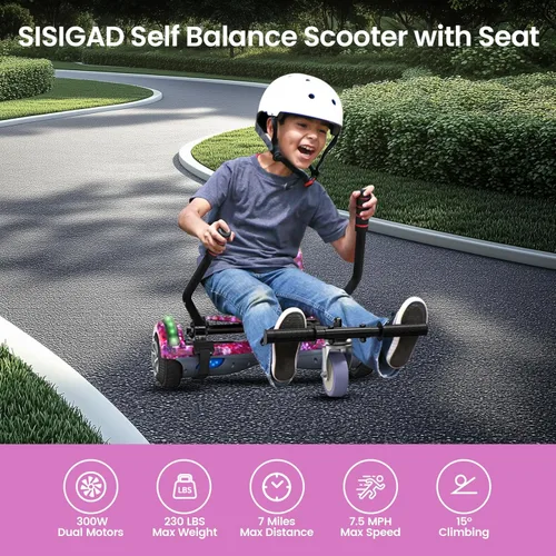 Miniatura 2 de SISIGAD - Accesorio de asiento para patinete, patinete autoequilibrante de 6.5 pulgadas, go kart con Bluetooth y luces LED, para niños, niñas, 6.5