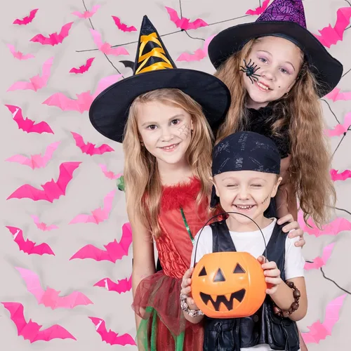 Miniatura 5 de Whaline 112 piezas de decoración de pared de Halloween, murciélagos 3D con adhesivo de espuma, rosa y rojo rosa, impermeables, calcomanías de Rosa