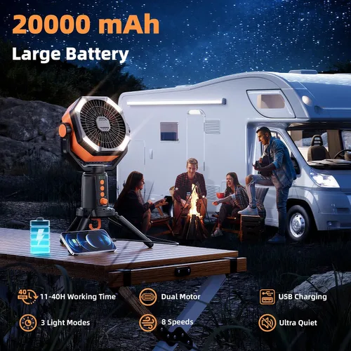 Miniatura 2 de MORIKO Trípode de ventiladores de mesa, 20000 mAh, recargable, funciona con pilas, ventilador portátil para tienda de campaña con linterna LED