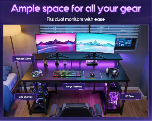 Miniatura 4 de ODK Escritorio gamer de 48 pulgadas con luces LED y enchufes, escritorio para computadora con soporte para monitor y estantes de almacenamiento