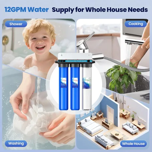 Miniatura 6 de Sistema de filtro de agua para toda la casa, sistema de filtración de agua de 3 etapas para toda la casa, entrada/salida de 3/4 pulgadas, reduce
