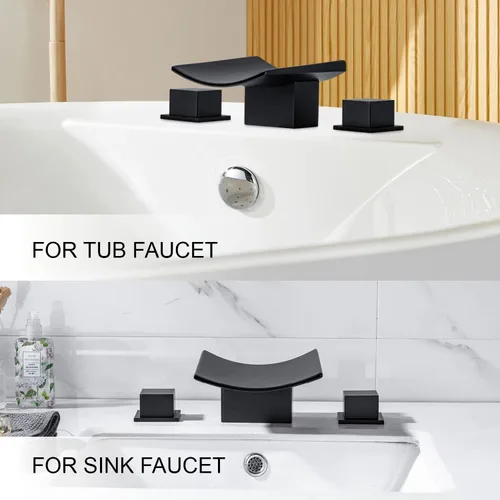Miniatura 5 de Grifos de baño en cascada, moderno grifo de lavabo de baño de 3 agujeros, grifo mezclador de lavabo de latón de doble mango con mangueras de Negro