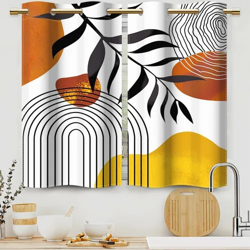 Miniatura 17 de Cortinas bohemias de cocina, diseño abstracto de mediados de siglo, arco negro, cortinas rústicas cortas para ventana de comedor, caravana, 21 x 45