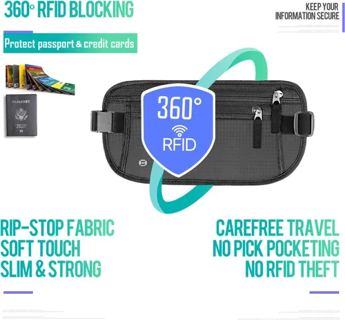 Miniatura 4 de WALNEW Cinturón de dinero de viaje Cartera de viaje oculta con bloqueo RFID, Negro, talla única , Cartera RFID