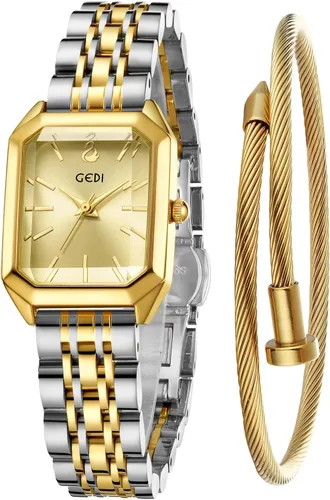 Miniatura 7 de FANMIS Juego de reloj de pulsera y brazalete para mujer en tono dorado, reloj de vestir casual simple con esfera cuadrada, correa sólida de acero