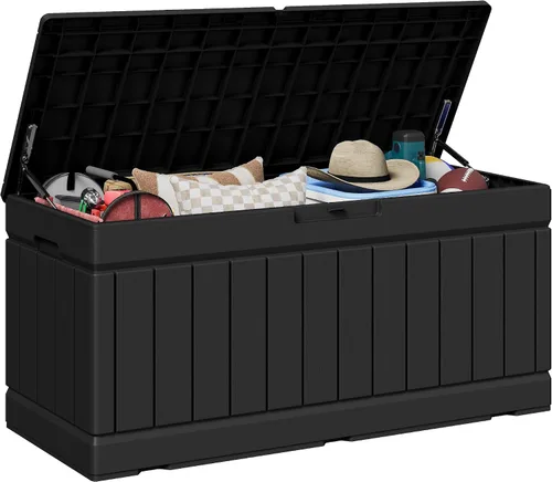 Miniatura 30 de JUMMICO Caja de resina de 31 galones, cajas de almacenamiento impermeables para interiores y exteriores para muebles de patio, cojines y Negro