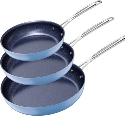 Miniatura 10 de Nuwave Juego de 3 sartenes, 8", 10", 12" forjado, ligero, G10, revestimiento de cerámica Duralon azul saludable, ultra antiadherente, lista
