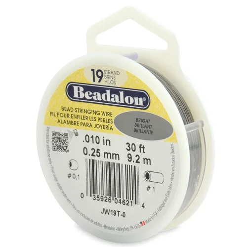 Beadalon - Alambre para ensartar cuentas de 19 hilos de acero inoxidable, 0.25 mm, brillante, 9.1 m / 30 pies