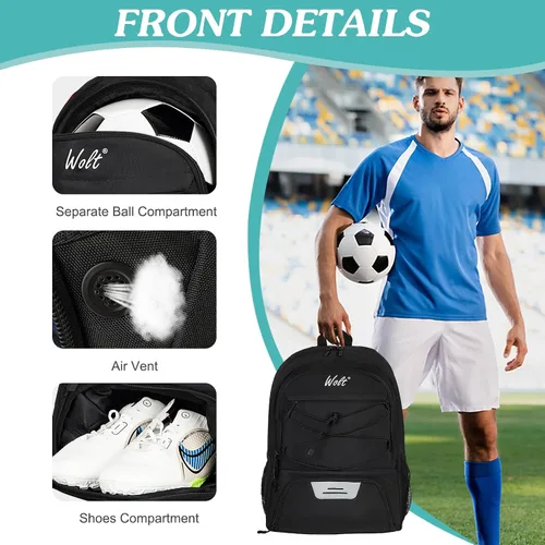 Miniatura 3 de WOLT - Mochila para balón de fútbol juvenil, bolsa deportiva con soporte para balón y compartimento para zapatos, para fútbol, fútbol americano