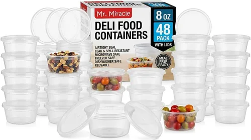 Mr Miracle Recipientes de 8 onzas con tapas, paquete de 48 unidades de plástico transparente hermético, reutilizable, para alimentos y multiusos,